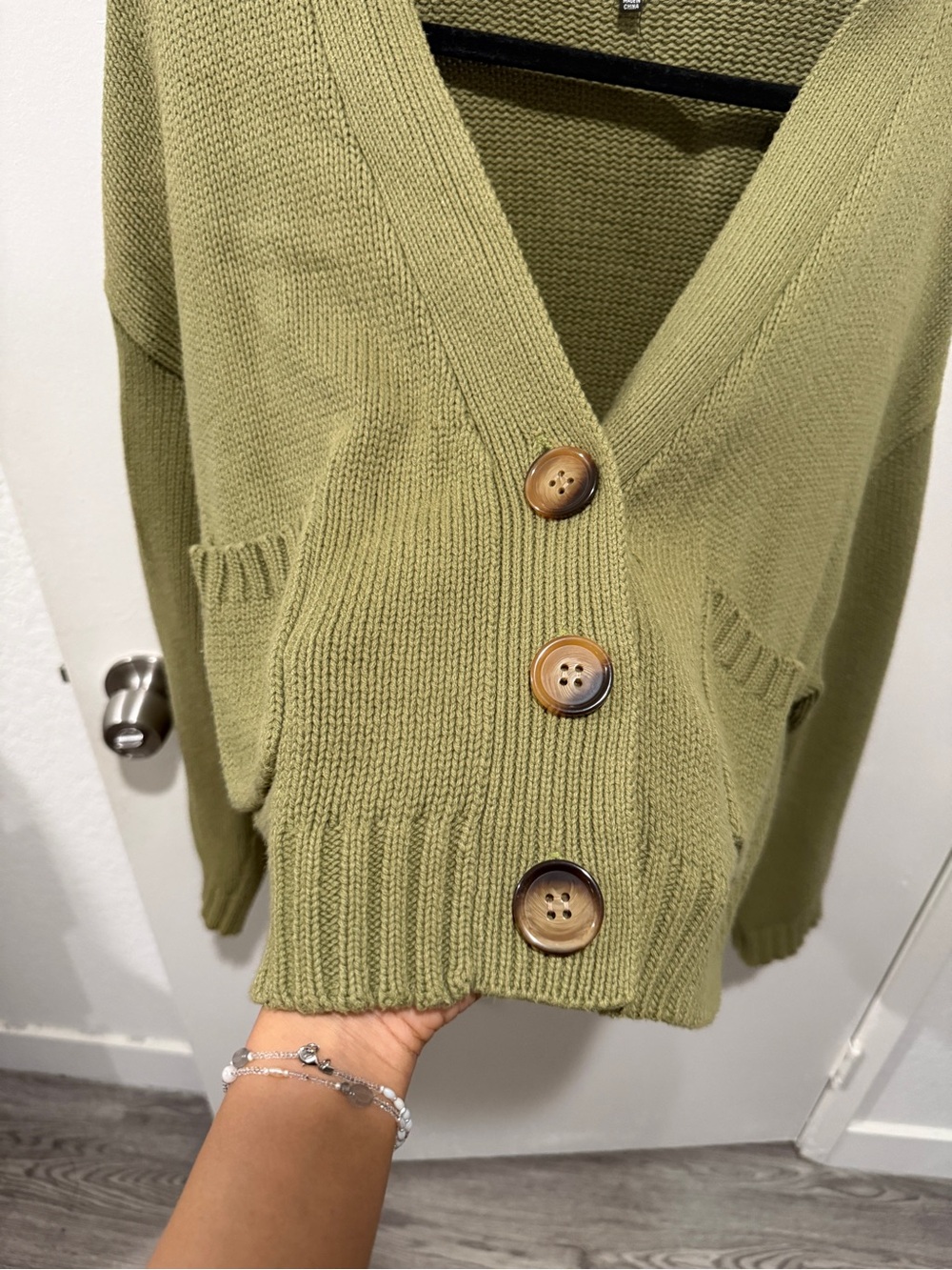 Emory Park Olive Green Knit Oversized Korean Cardigan Cropped M fits XS / S - Picture 3 of 6